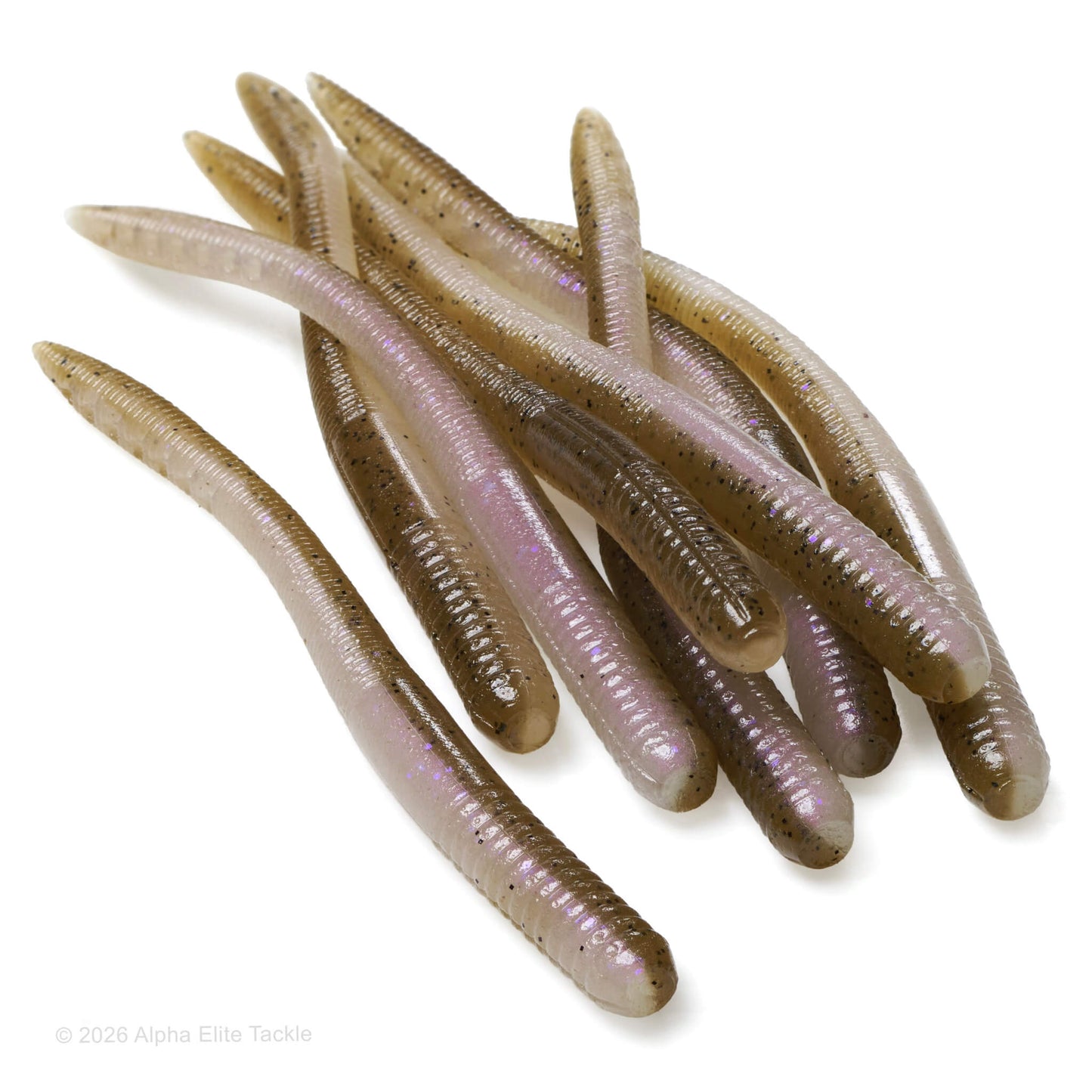 Close up of the EZ Lab Shaking Tail Soft Plastic Finesse Worm in the color Wakasagi on a white background.