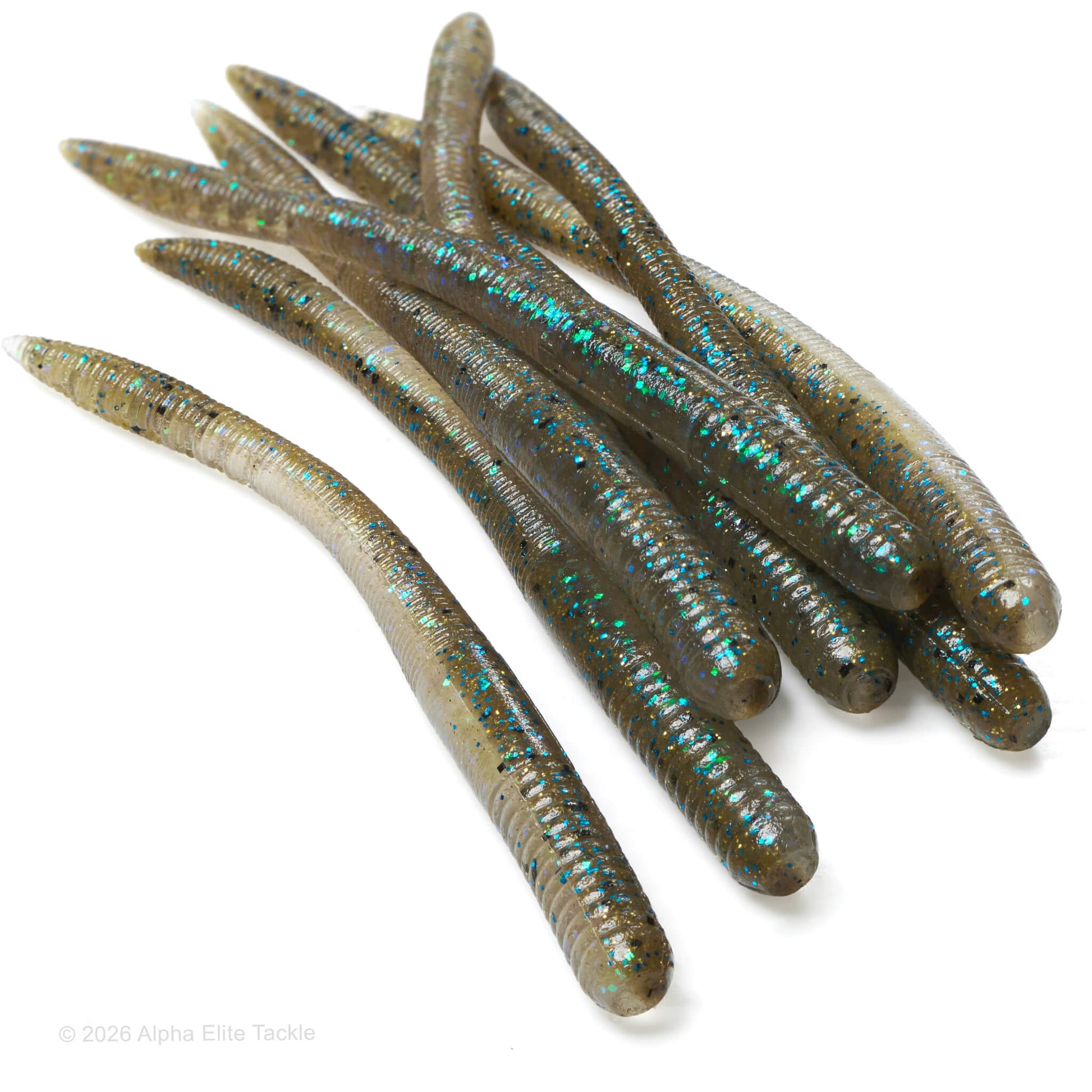 Close up of the EZ Lab Shaking Tail Soft Plastic Finesse Worm in the color Weed Gill on a white background.
