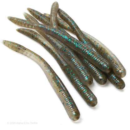 Close up of the EZ Lab Shaking Tail Soft Plastic Finesse Worm in the color Weed Gill on a white background.
