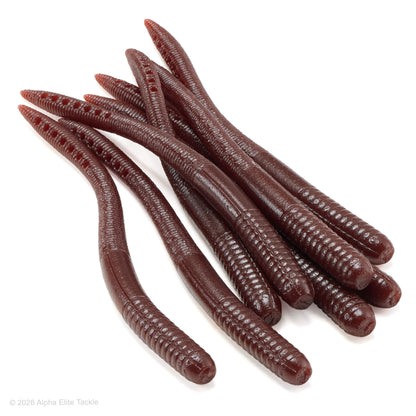 A group of dark reddish-brown soft plastic fishing lures shaped like worms, arranged on a clean white background.