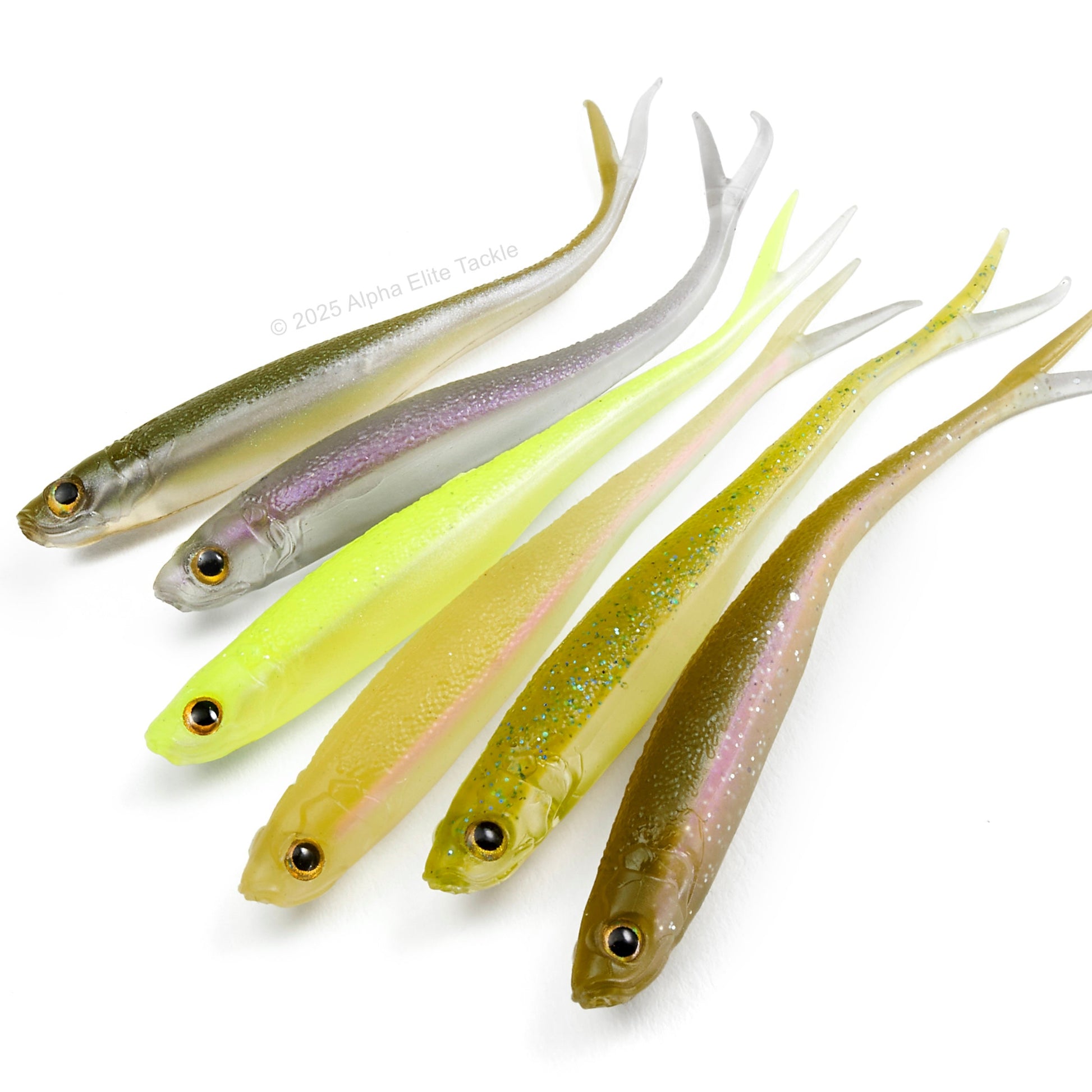 Close up offive Engine Like 3.0 Strolling Minnows on a white background.