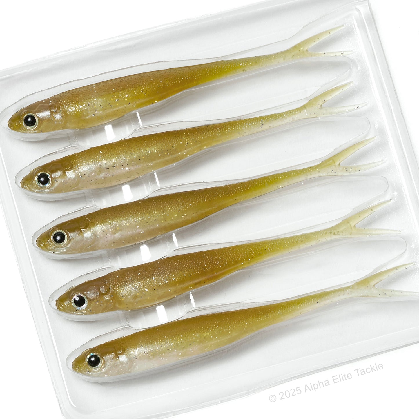 Close up of the Engine Like 3.0 Strolling Minnow in the color Ghost Wakasagi on a white background.