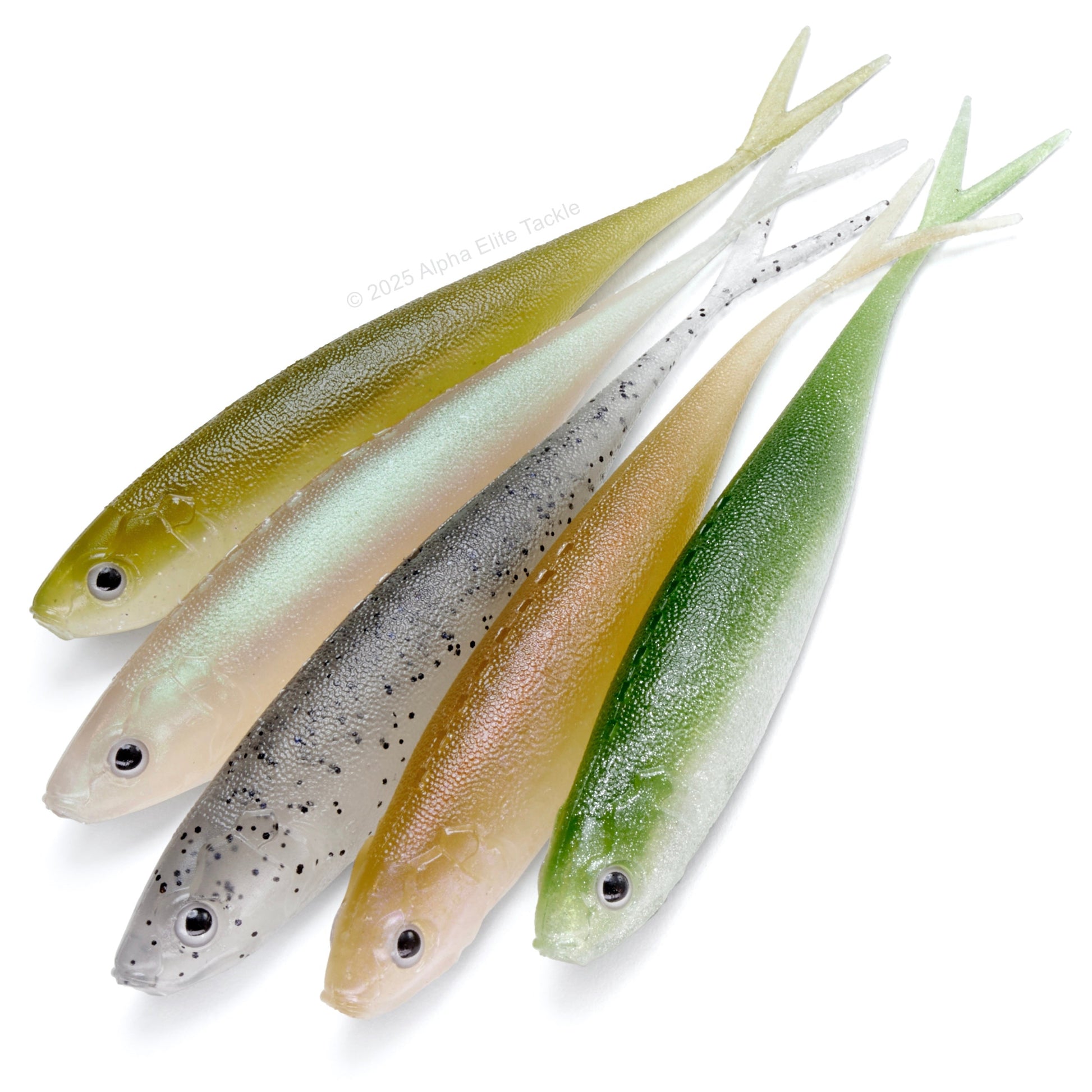 Close up of five Engine Like Five Strolling Minnows on a white background.