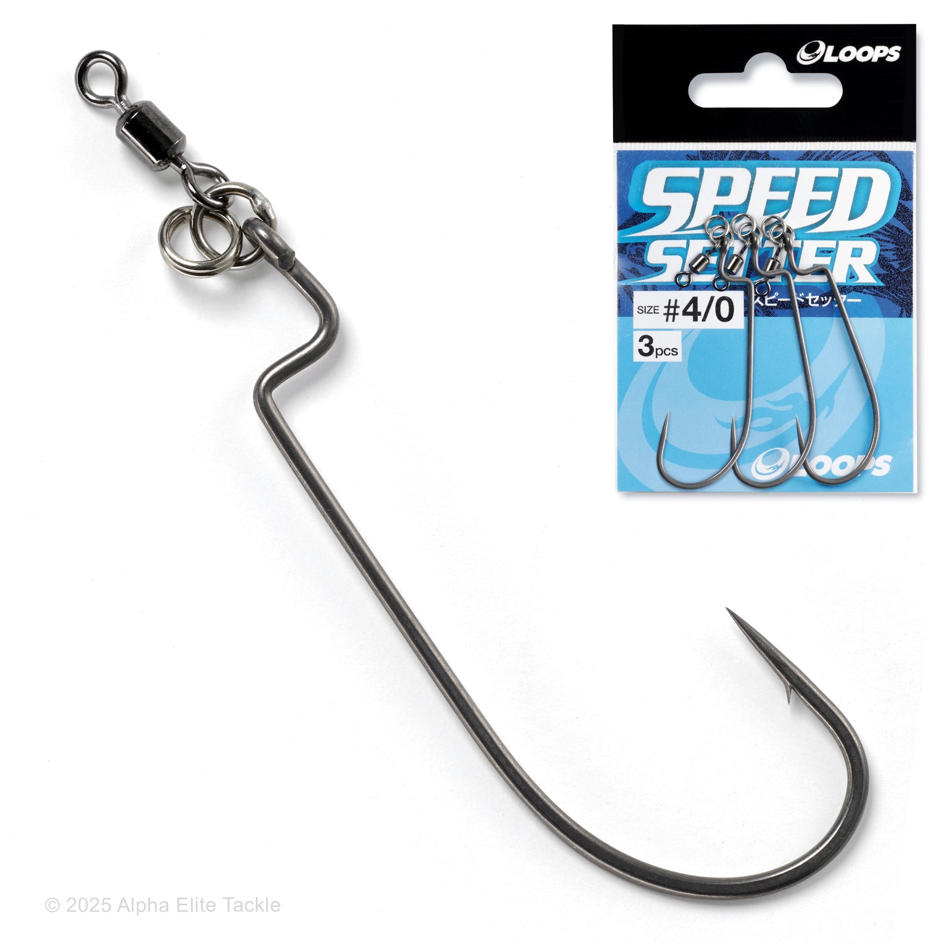 Fishing hook with swivel and packaging labeled 'Speed Setter' on a white background