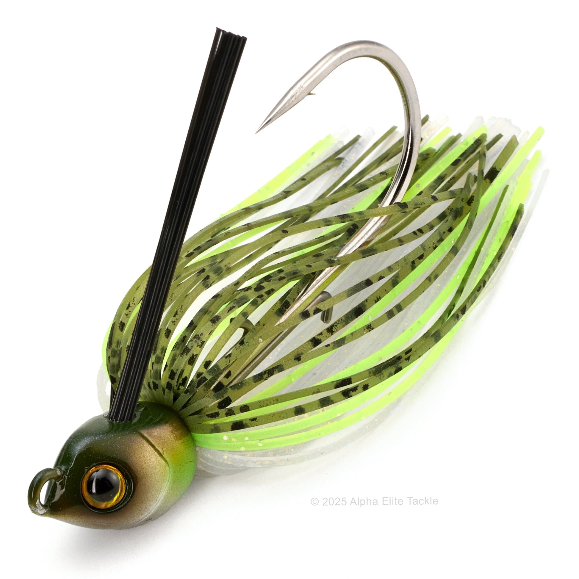 Close up of a single Engine Loops Swimming Master jig in the color Ayu on a white background
