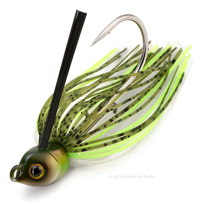 Close up of a single Engine Loops Swimming Master jig in the color Ayu on a white background
