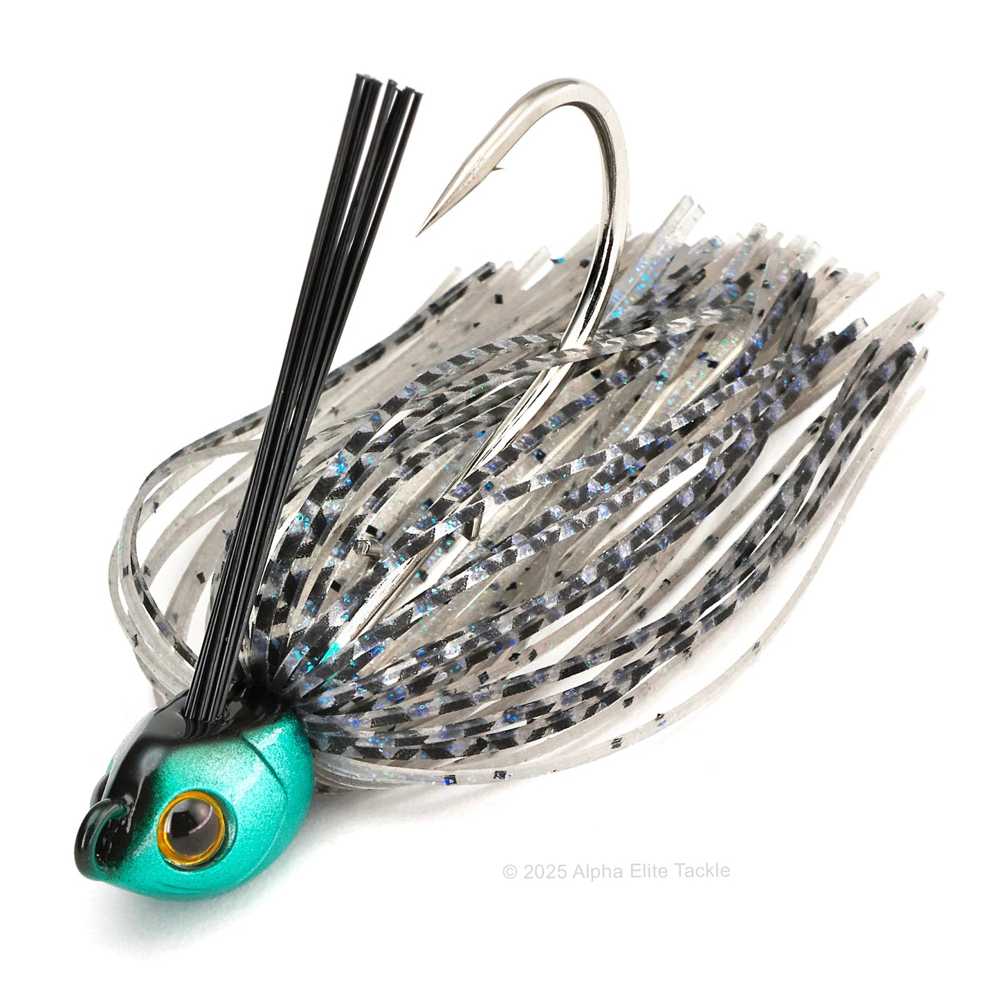 Close up of a single Engine Loops Swimming Master jig in the color Bluegill on a white background