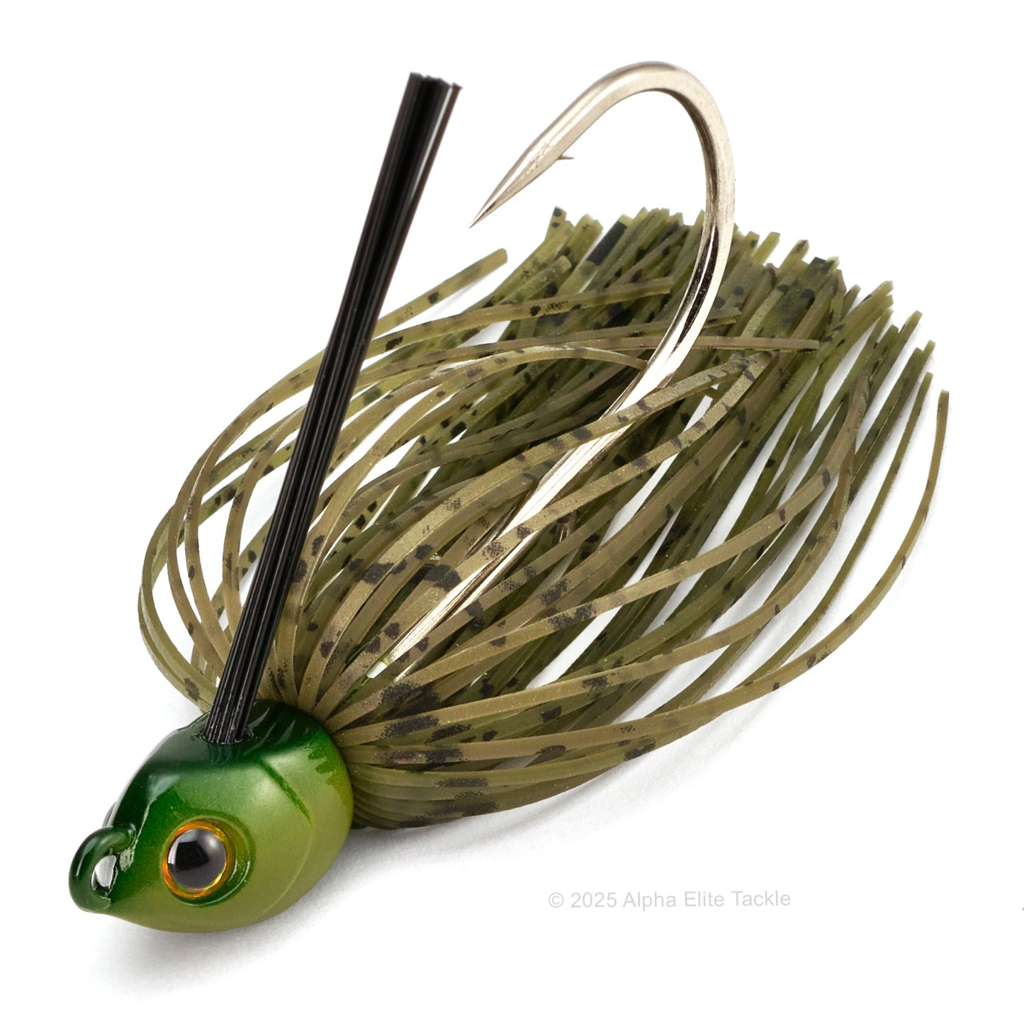 Close up of a single Engine Loops Swimming Master jig in the color Green Watermelon on a white background