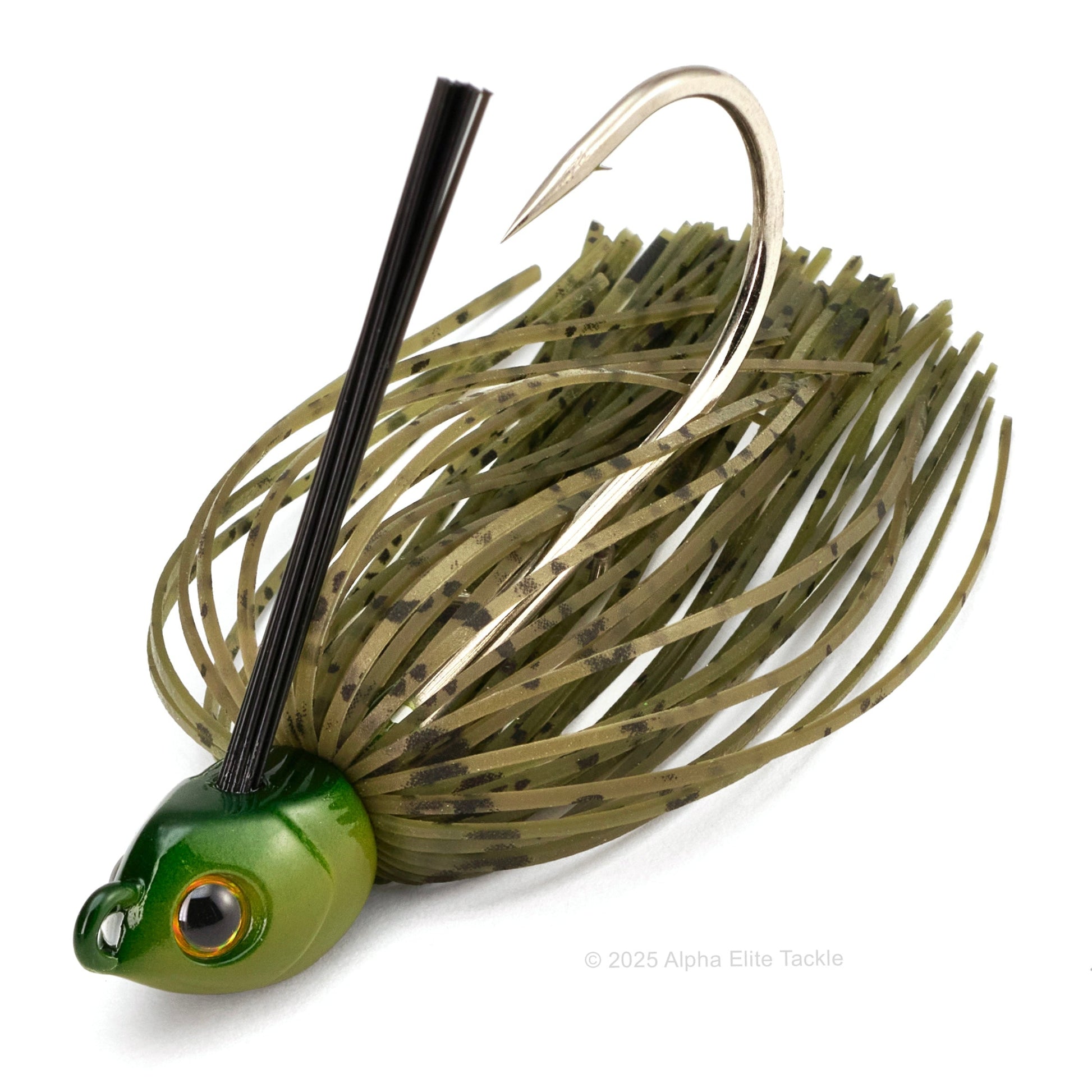 Close up of a single Engine Loops Swimming Master jig in the color Green Watermelon on a white background