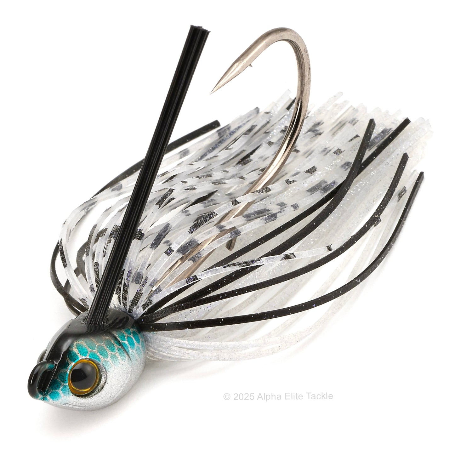 Close up of a single Engine Loops Swimming Master jig in the color Lotus on a white background