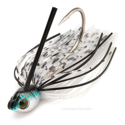 Close up of a single Engine Loops Swimming Master jig in the color Lotus on a white background