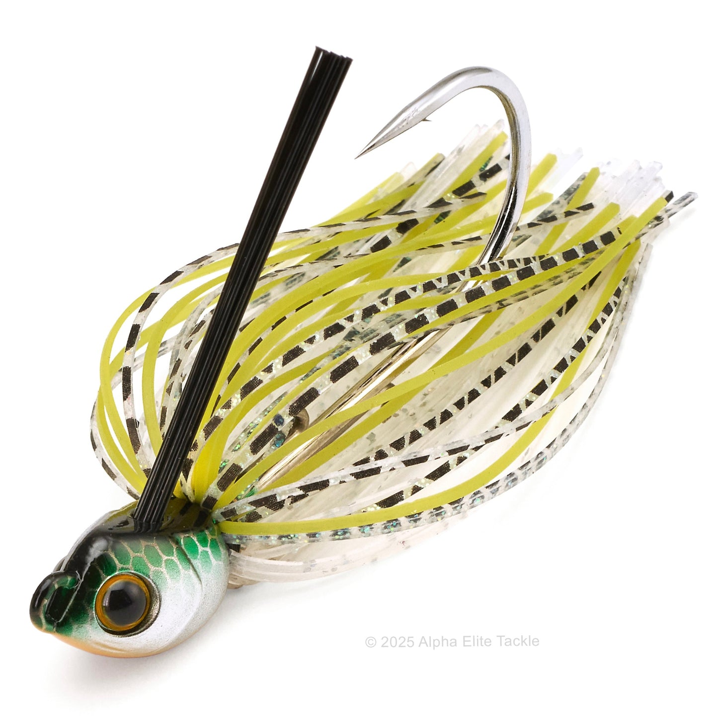 Close up of a single Engine Loops Swimming Master jig in the color Stain Shad on a white background