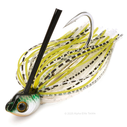 Close up of a single Engine Loops Swimming Master jig in the color Stain Shad on a white background