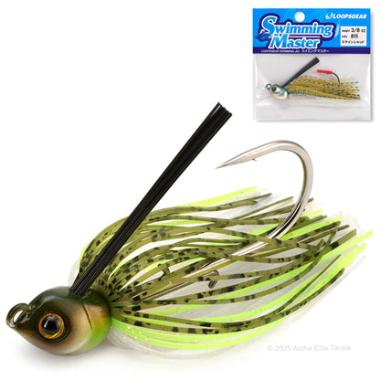 Close up of a single Engine Loops Swimming Master jig and packaging on a white background