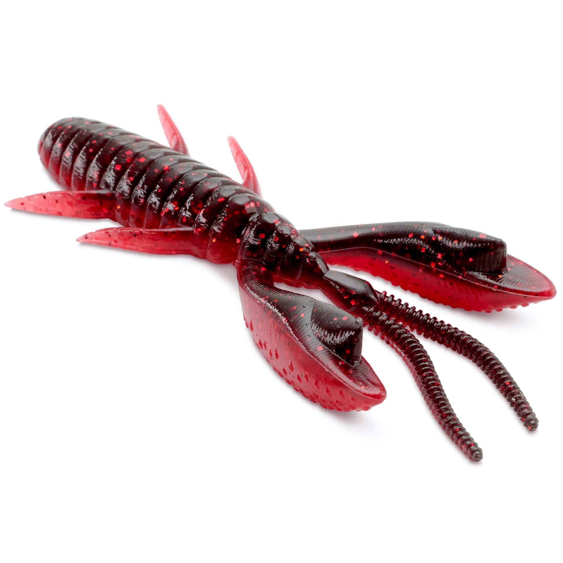 Close Up of the soft plastic Engine Shake Craw in the color Black Red Flake on a white background.