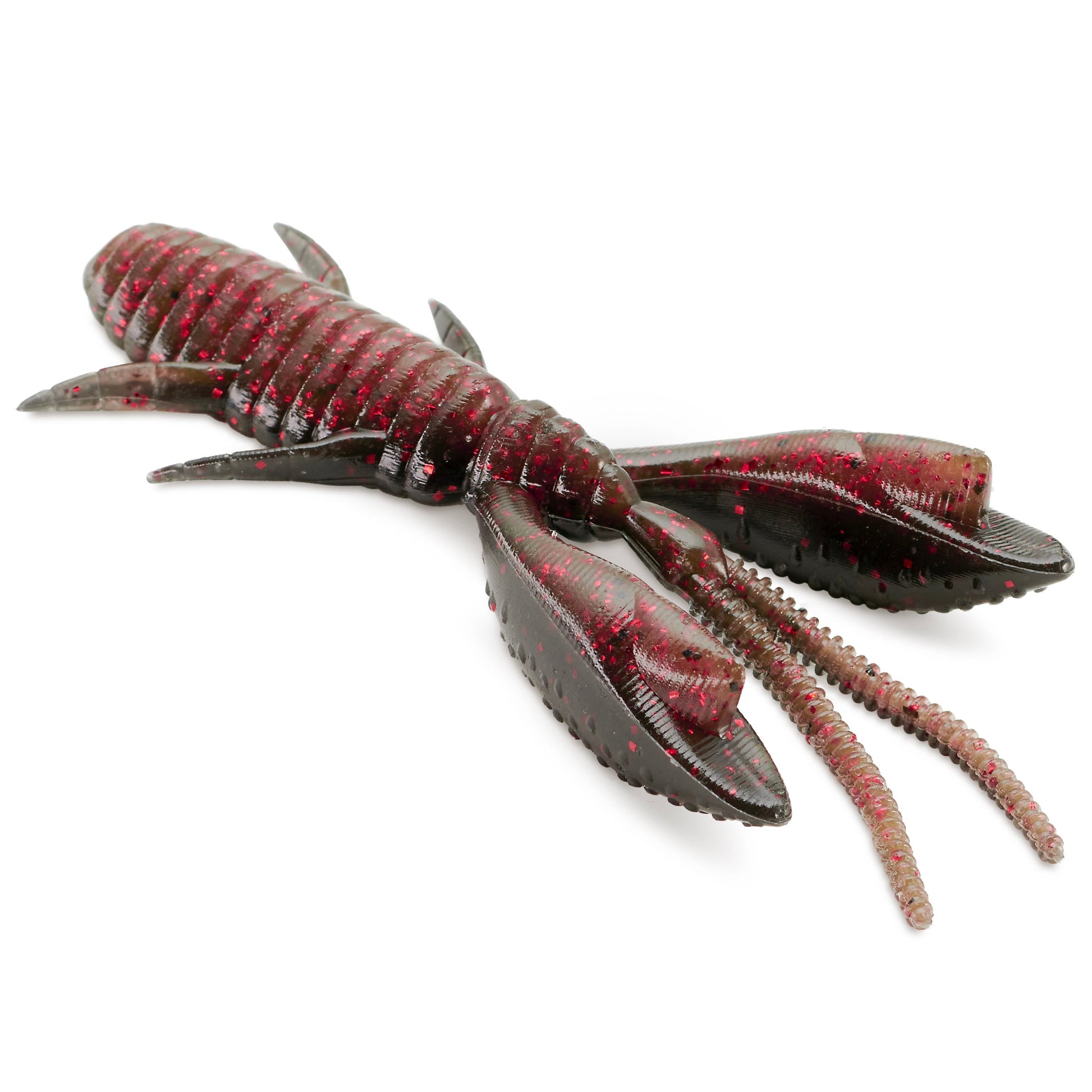 Close Up of the soft plastic Engine Shake Craw in the color Ebimiso Red Flake on a white background.
