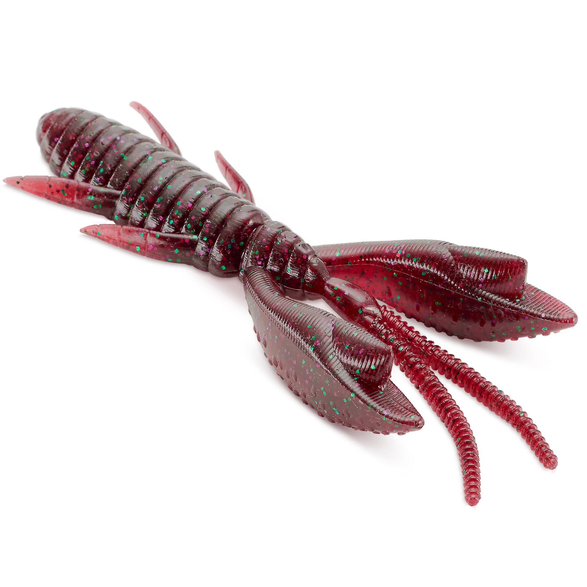 Close Up of the soft plastic Engine Shake Craw in the color Grape Mix Flake on a white background.