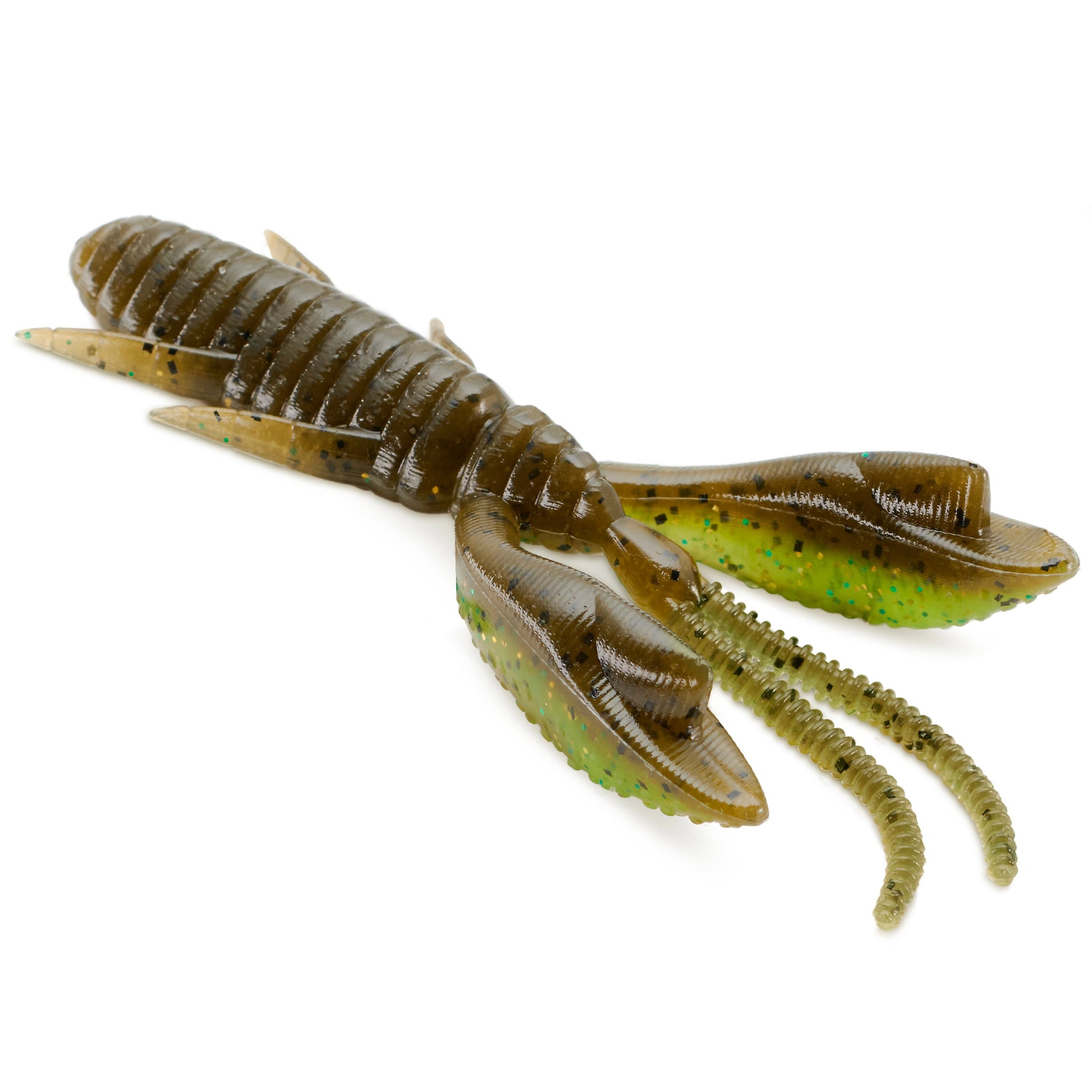 Close Up of the soft plastic Engine Shake Craw in the color Green Pumpkin Chart on a white background.