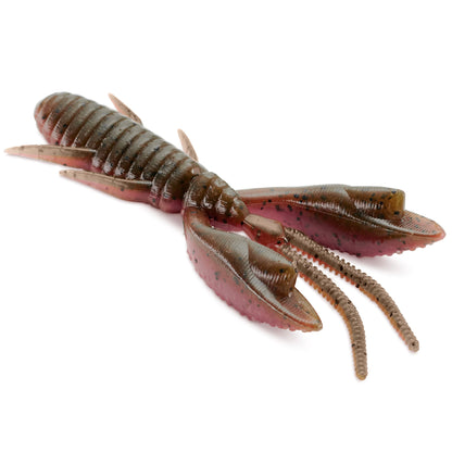 Close Up of the soft plastic Engine Shake Craw in the color Green Pumpkin Minizu on a white background.
