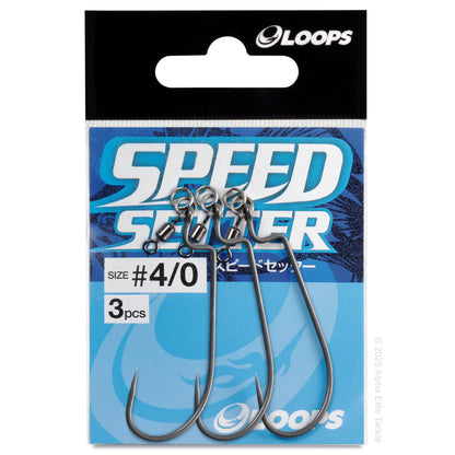 Packaged fishing hooks with Engine Loops Speed Setter brand on white background