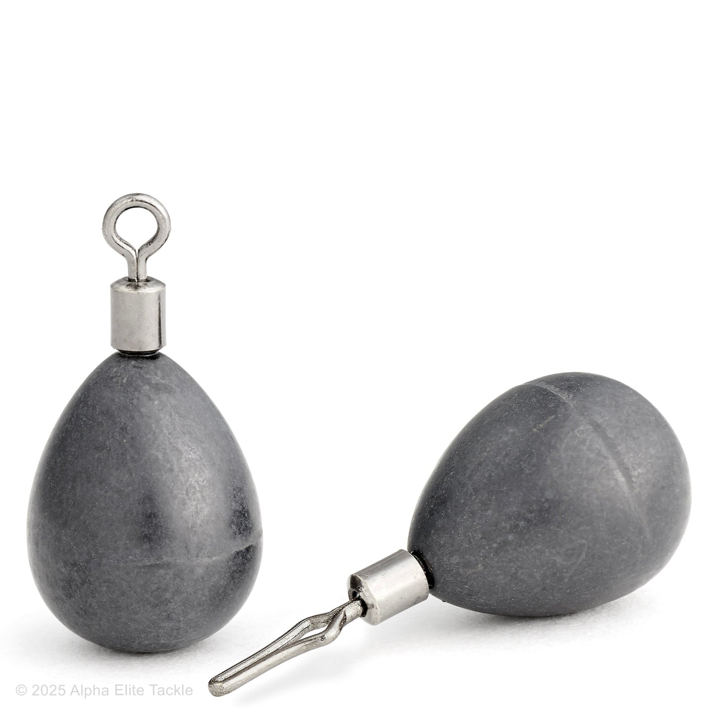 Close up of two Engine Studio 100 Tungsten Drop Shot weights on a white background.