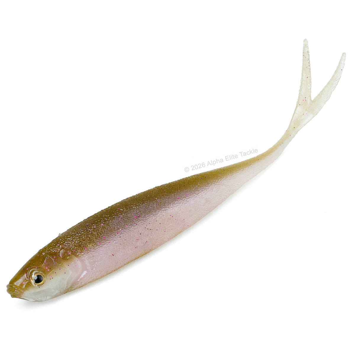 A realistic soft plastic fishing lure shaped like a small fish, featuring a translucent olive-brown back, a pinkish-white belly, and a double-tail fin, shown on a solid white background.