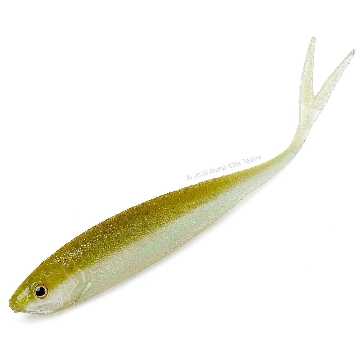 A realistic fishing lure shaped like a small fish, featuring a translucent olive-green body with a pale yellow underside, a detailed black-and-white eye, and a dual-tail fin, shown on a solid white background.