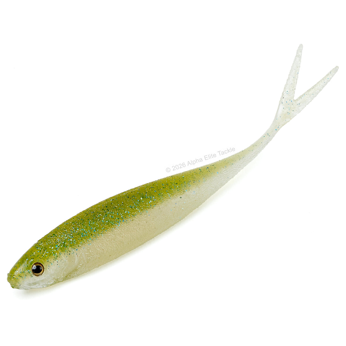 A soft plastic fishing lure shaped like a small fish, featuring a translucent olive-green top with fine glitter, a pale translucent belly, a detailed black-and-white eye, and a split tail, shown on a solid white background.