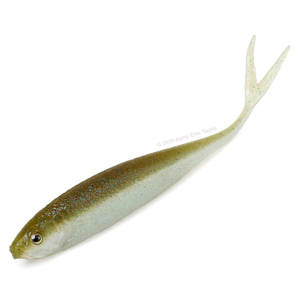 A soft plastic fishing lure shaped like a small fish, shown on a plain white background. The lure has a translucent olive-green top, a pale silver-white belly, and a dark eye.