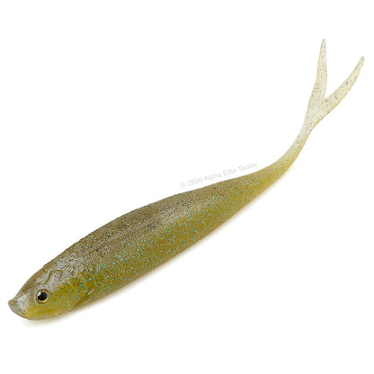 A realistic soft plastic lure shaped like a minnow with an olive back and belly with black and blue flake.