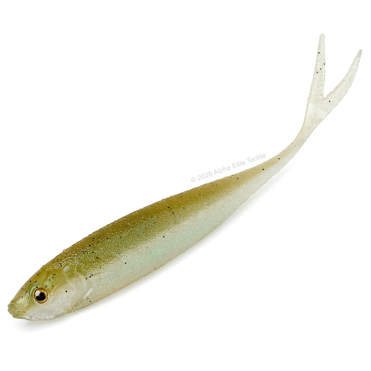 A realistic soft plastic lure shaped like a minnow with an olive back and translucent white belly.