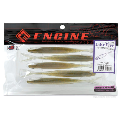 A package of five Engine Like Five soft plastic fishing lures in a clear packaging with a black and red header card. The lures are olive green and brown with a translucent tail.