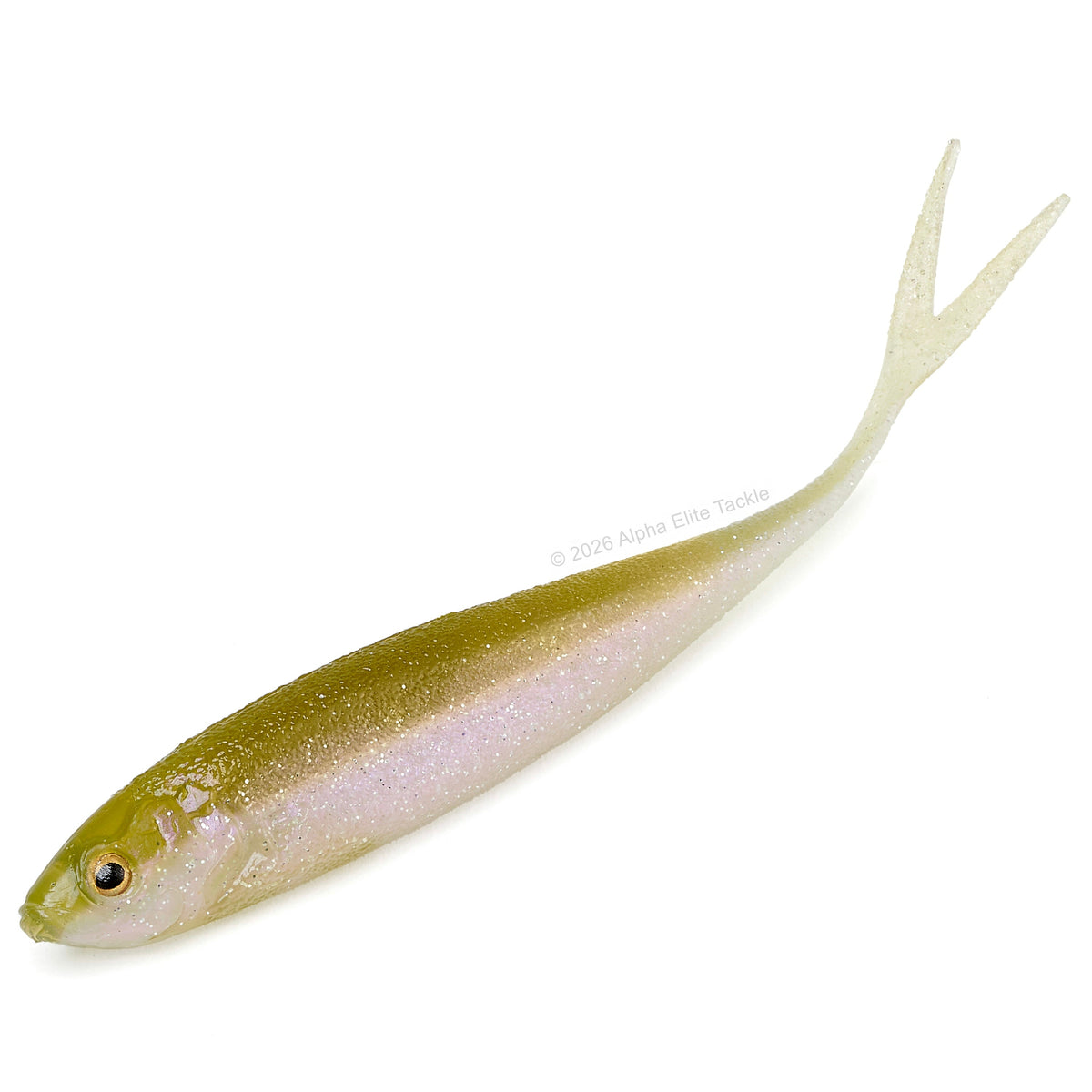 A soft plastic fishing lure shaped like a small fish, featuring a translucent olive-green top and a shimmering pale pink belly, shown on a solid white background.