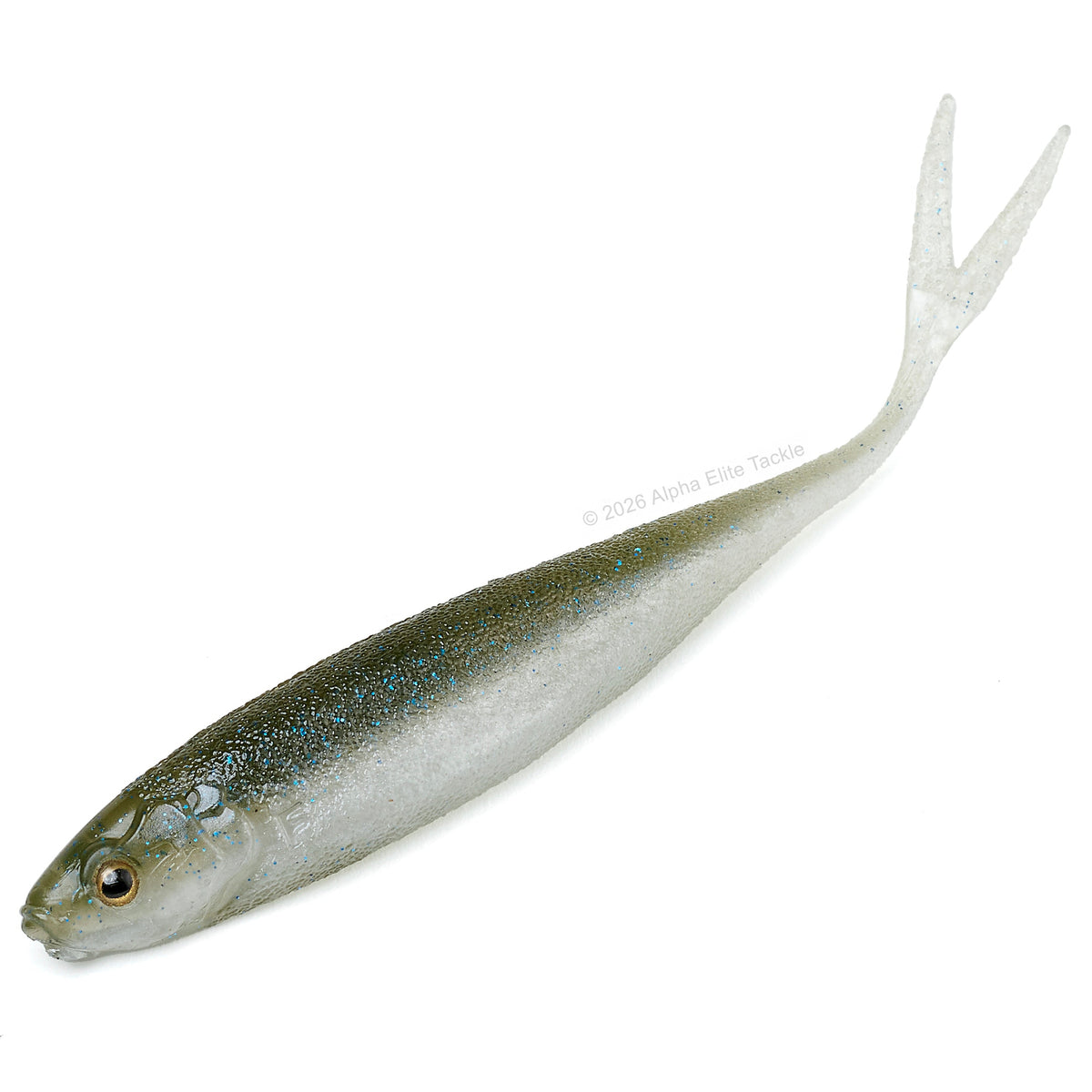 A realistic soft plastic shaped like a minnow with a dark gray back and translucent white belly.