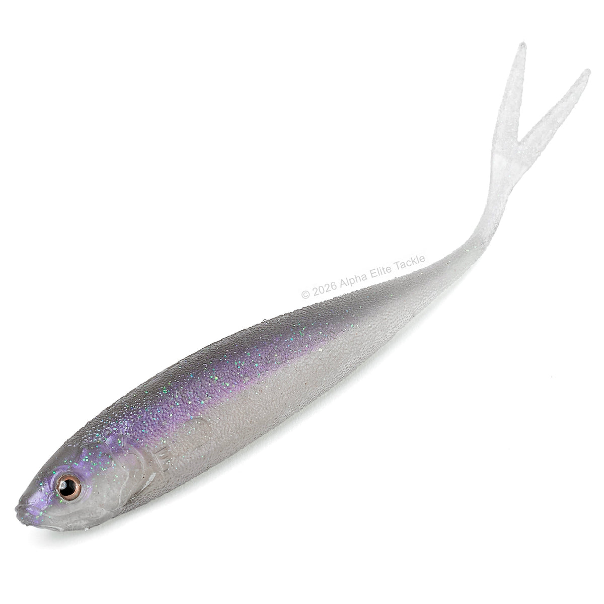 A realistic soft plastic shaped like a minnow with a purple back and translucent white belly.