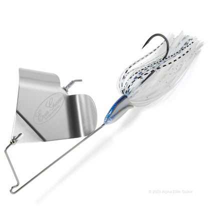 Photo of the Evergreen Loud Buzz Buzzbait in the color white with a silver blade on a white background