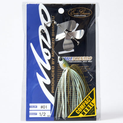 Package containing the Evergreen Bubble Tornado Double Blade Buzzbait in the color Ayu
