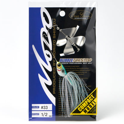 Package containing the Evergreen Bubble Tornado Double Blade Buzzbait in the color Emerald Shiner