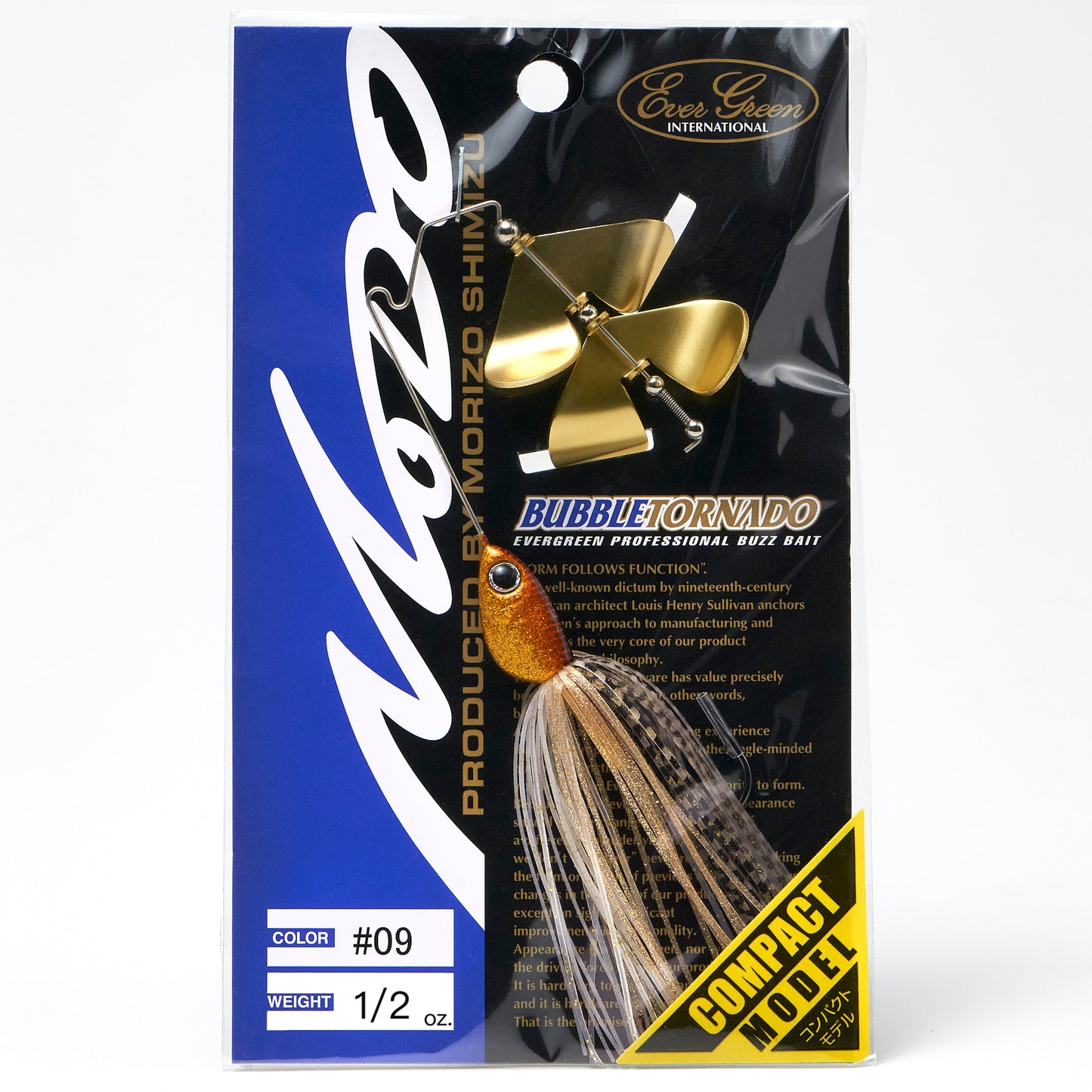 Package containing the Evergreen Bubble Tornado Double Blade Buzzbait in the color Gold Rush
