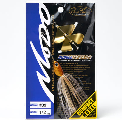 Package containing the Evergreen Bubble Tornado Double Blade Buzzbait in the color Gold Rush