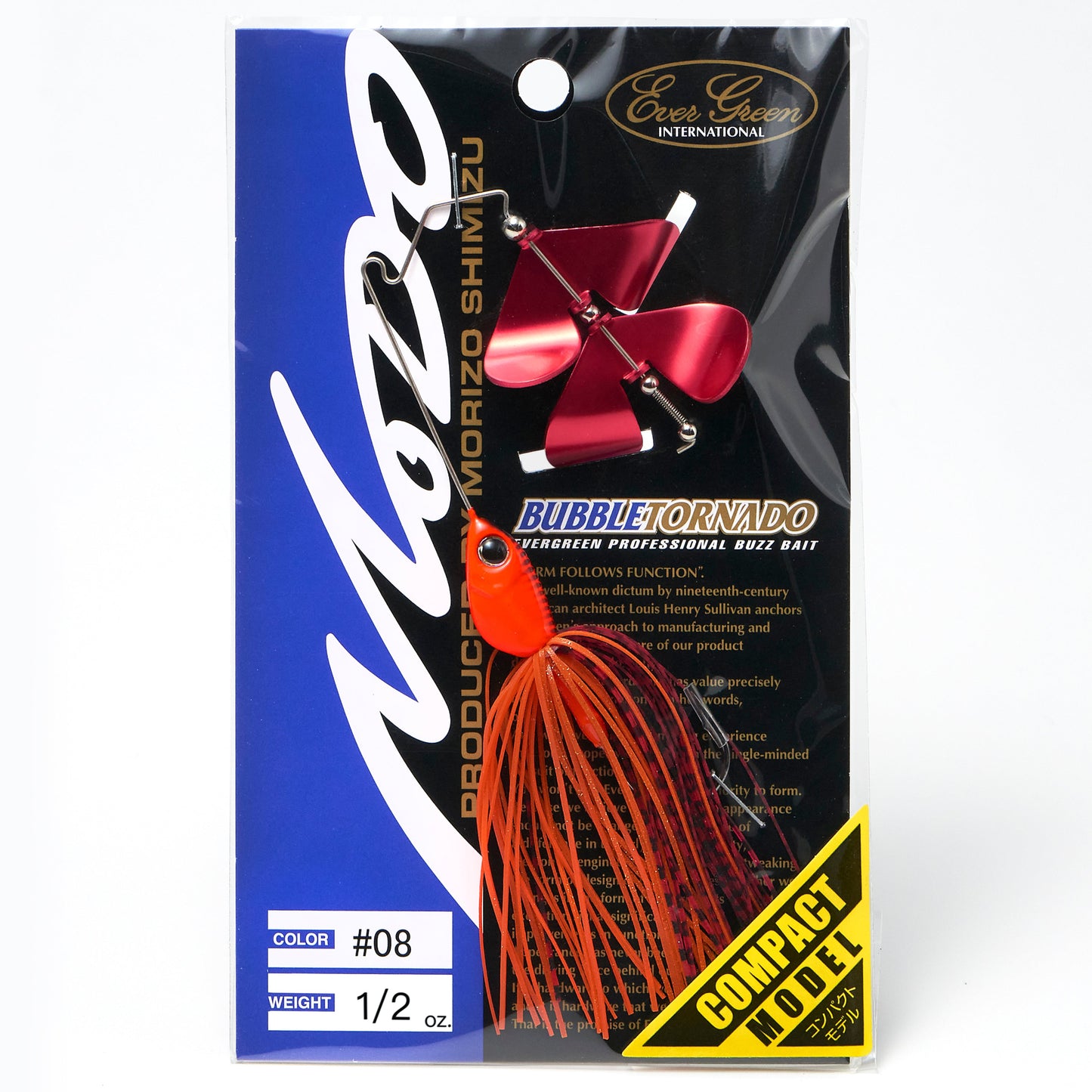 Package containing the Evergreen Bubble Tornado Double Blade Buzzbait in the color Prespawn Dynamite