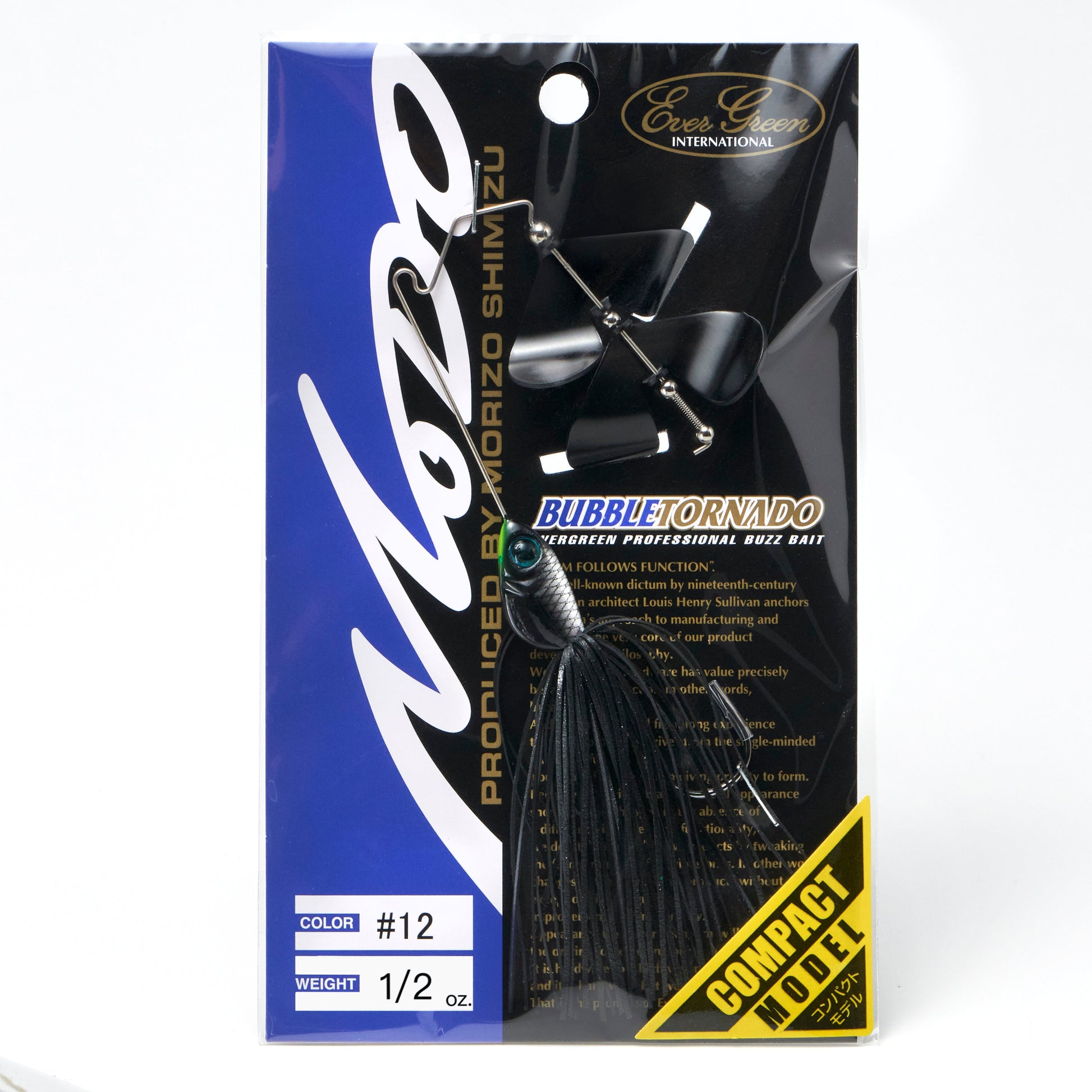 Package containing the Evergreen Bubble Tornado Double Blade Buzzbait in the color Super Black