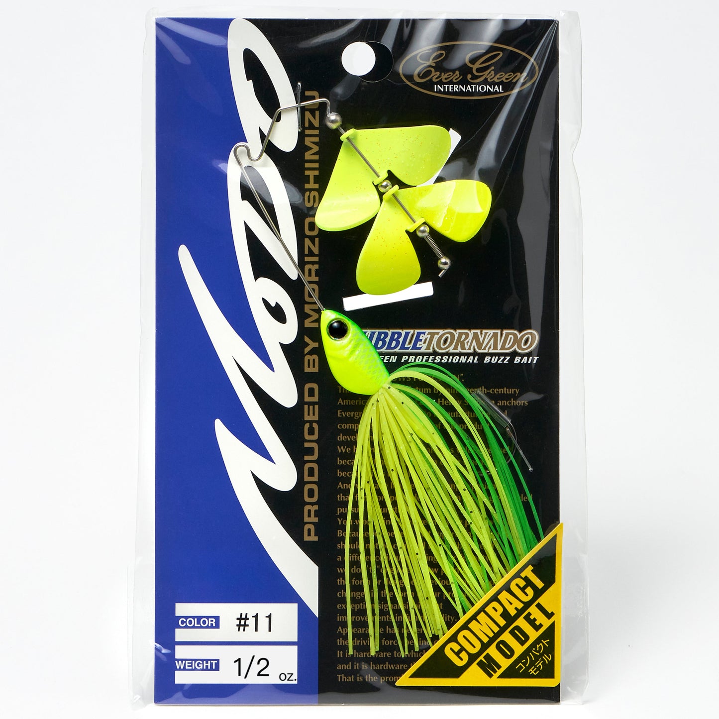 Package containing the Evergreen Bubble Tornado Double Blade Buzzbait in the color Super Chart