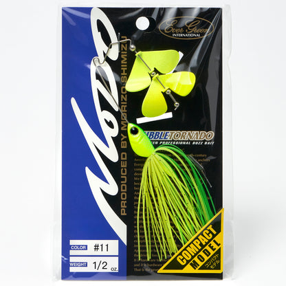 Package containing the Evergreen Bubble Tornado Double Blade Buzzbait in the color Super Chart