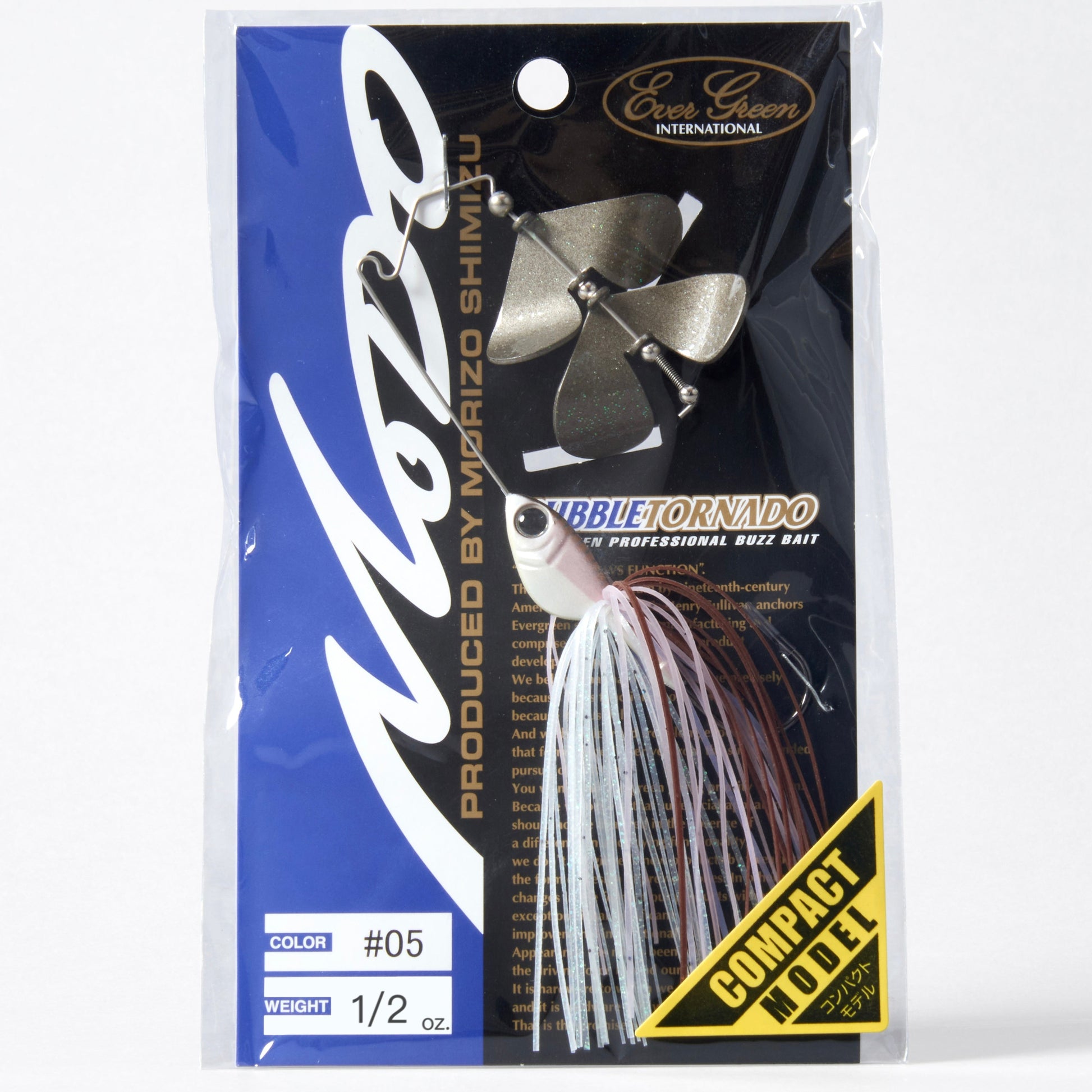 Package containing the Evergreen Bubble Tornado Double Blade Buzzbait in the color Wakasagi