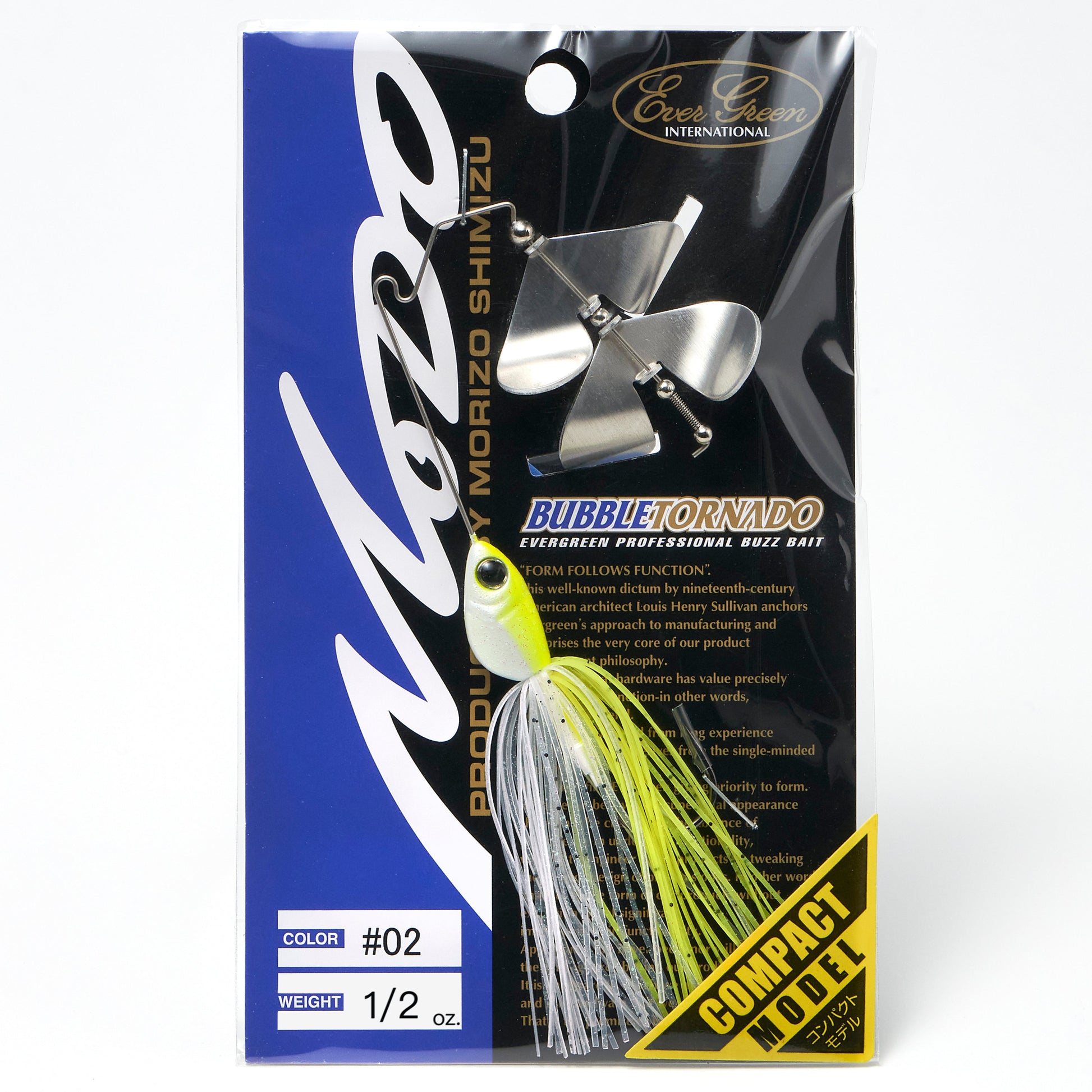 Package containing the Evergreen Bubble Tornado Double Blade Buzzbait in the color White Chart