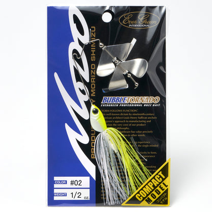 Package containing the Evergreen Bubble Tornado Double Blade Buzzbait in the color White Chart