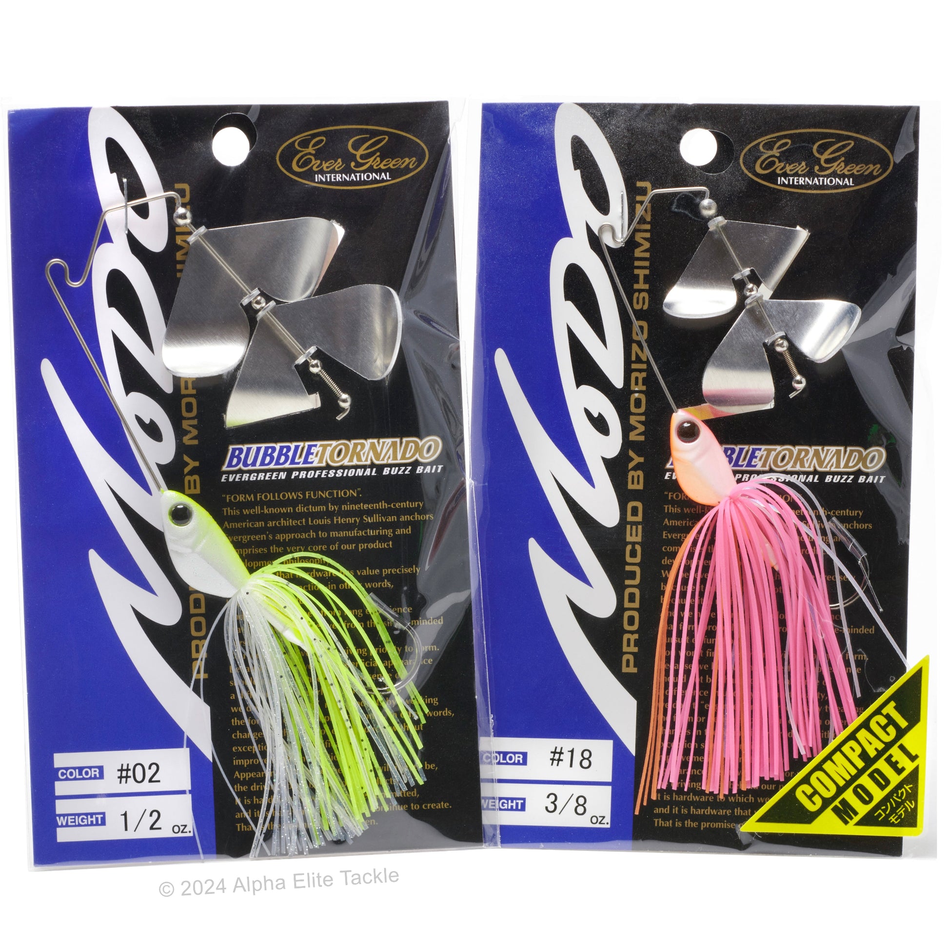 Two packages of Evergreen Bubble Tornado double bladed buzzbait with different colors on a white background.