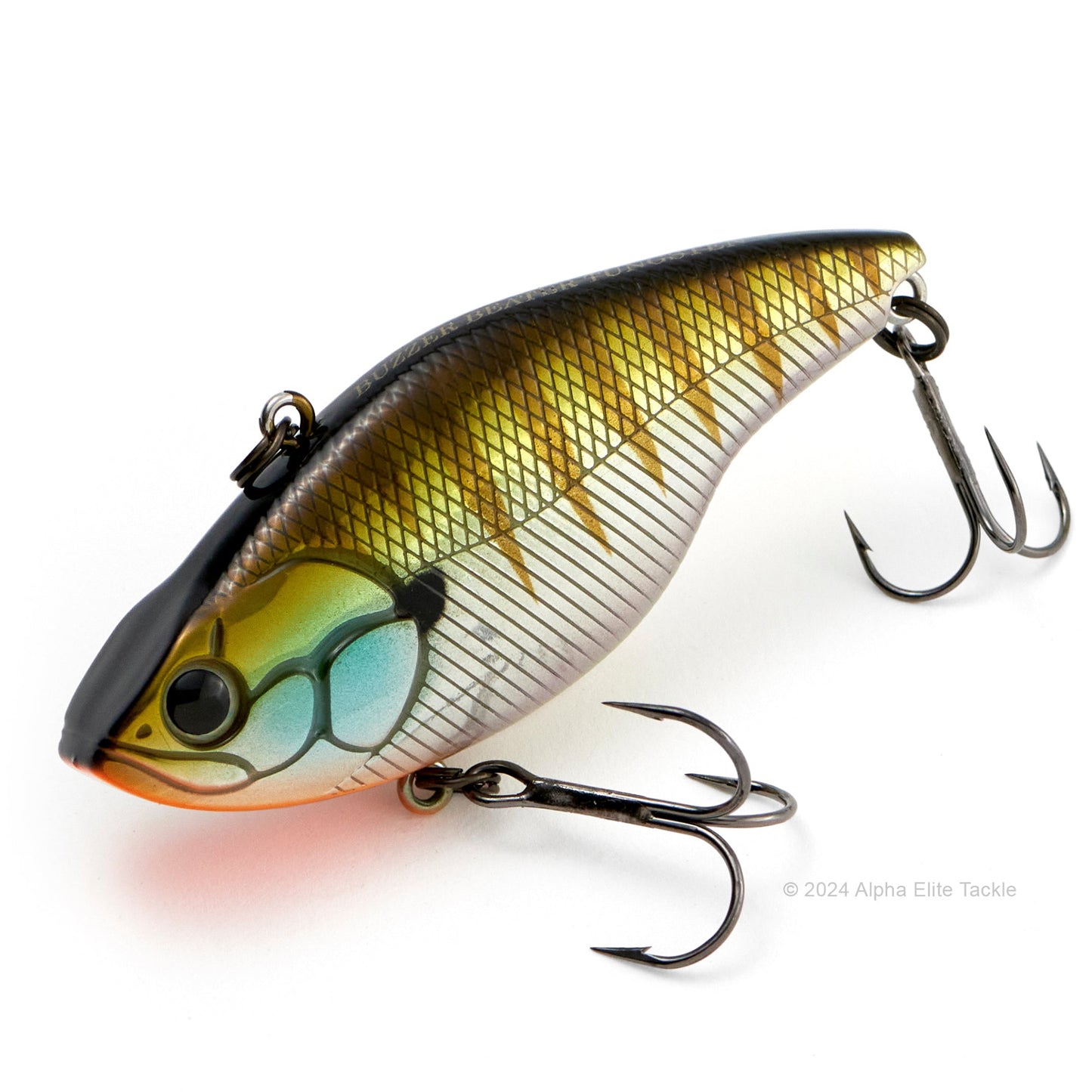 Close up of the Evergreen Buzzer Beater Tungsten Lipless Crankbait fishing lure in the color Baby Gill on a white background
