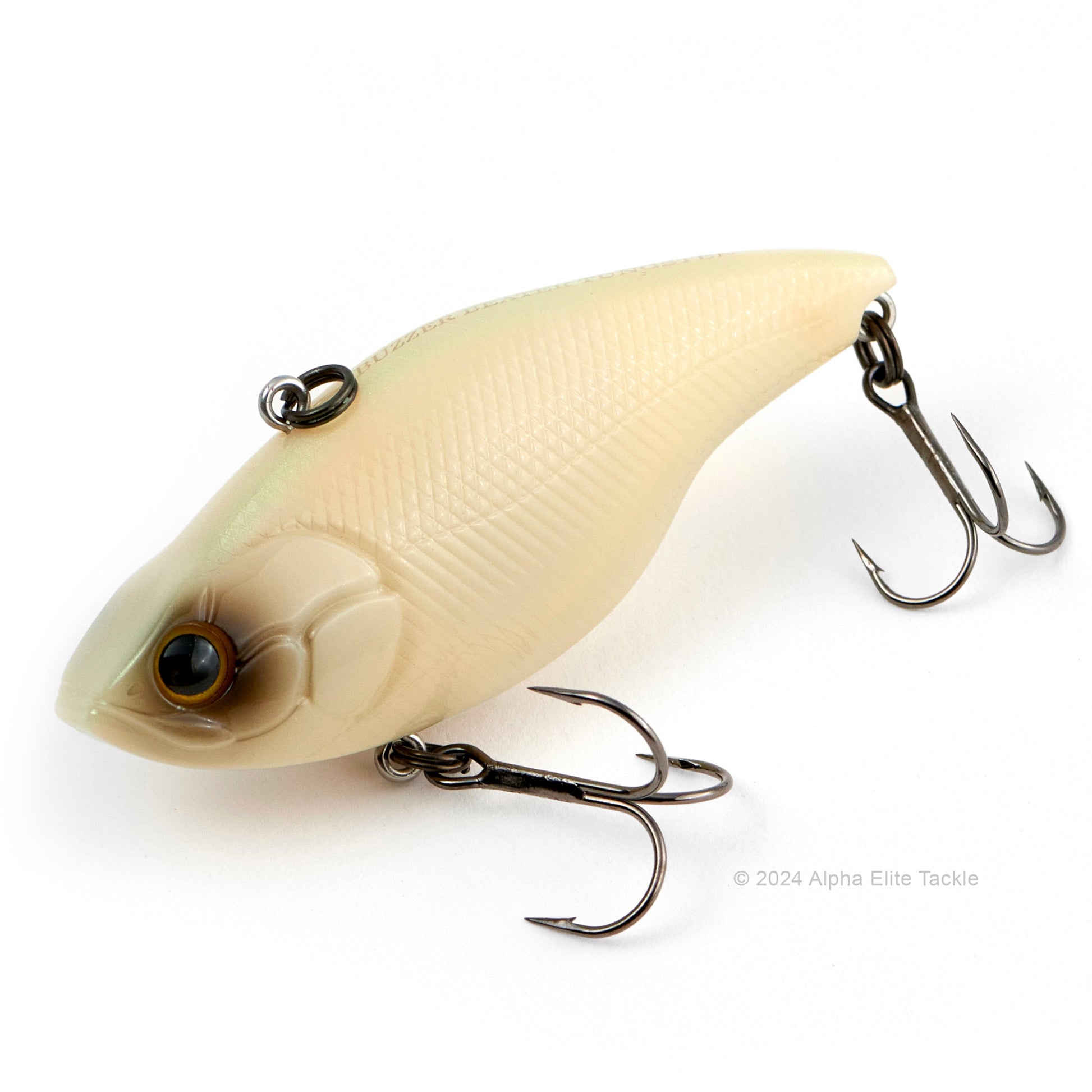 Close up of the Evergreen Buzzer Beater Tungsten Lipless Crankbait fishing lure in the color Bone on a white background
